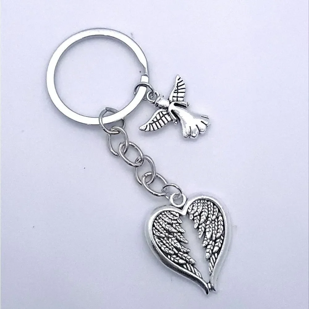 Guardian Angel Heart Wings Keychain Silver Inspirational Bag Charm Memorial Gift